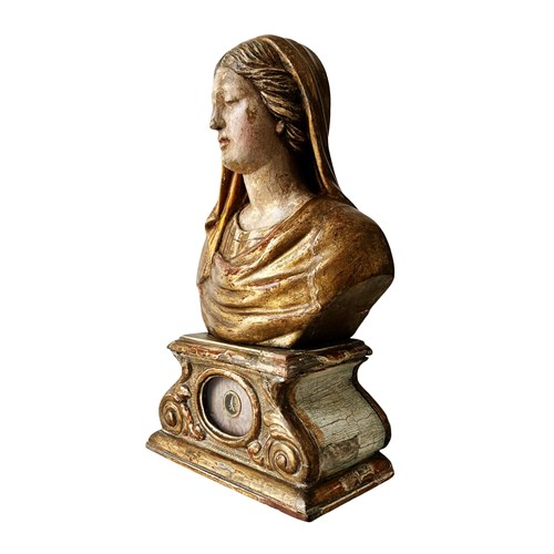 An Extraordinary And Rare Reliquary Bust Of A Female Saint, Carved Wood, 1700'S