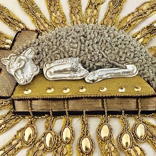 Stunning Antique French Agnus Dei, Framed Lamb Of God Embroidery, 1800'S