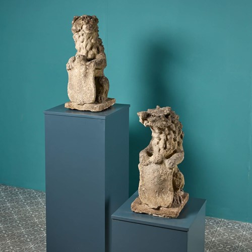 Pair Of 18Th Century Armorial Stone Lion Statues
