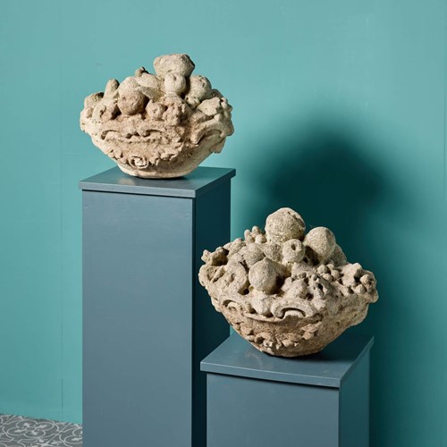 Pair Of Antique Carved Limestone Basket Of Fruit Finials