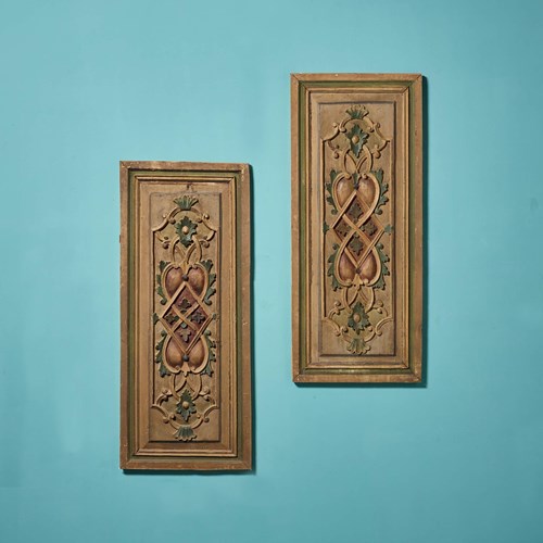 Pair Of 19Th Century Italian Carved Wooden Painted Panels