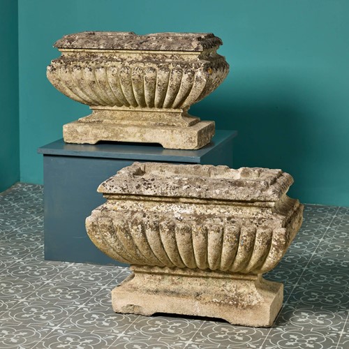 Two Gadrooned Aged Limestone Trough Planters