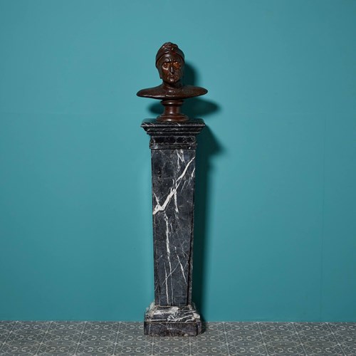 Antique Bronzed Terracotta Bust Of Dante On Italian Marquina Marble Column