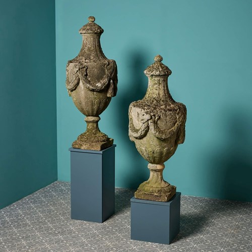 Pair Of Coade Style Lidded Urns