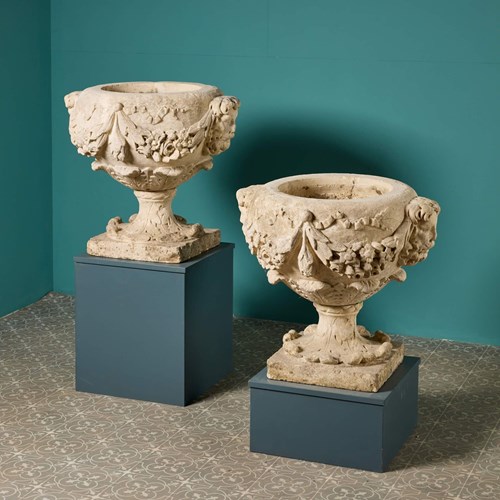 Pair Of 18Th Century English Carved Limestone Urns