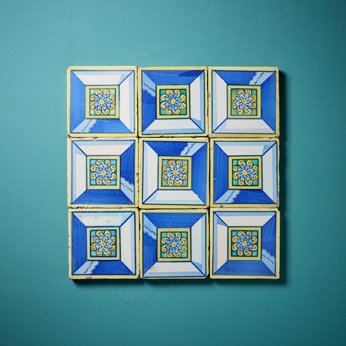 Set Of 9 Reclaimed Geometric Polychrome Tiles