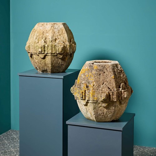 Pair Of 17Th Century Carved Limestone Pier Caps