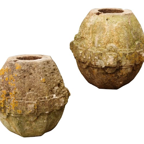 Pair Of 17Th Century Carved Limestone Pier Caps