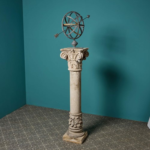 Reclaimed Armillary Sundial On Limestone Pedestal