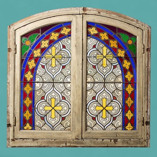 20Th Century Antique French Window With Stained Glass