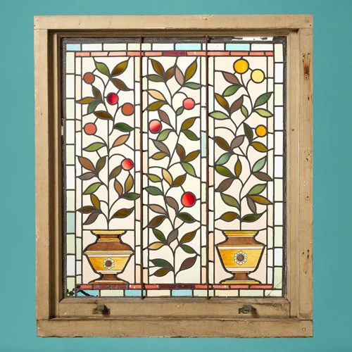 Antique Victorian Stained Glass Window With Fruiting Foliage