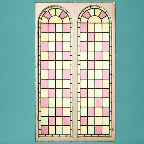 Reclaimed Stained Glass Arched Double Windows With Frame