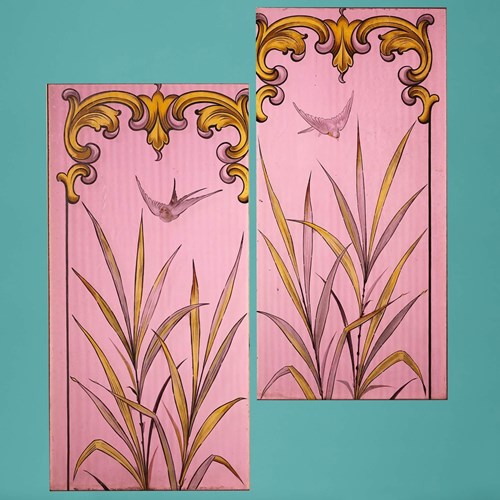 Pair Of Antique Stained Glass Panels Depicting Garden Scene