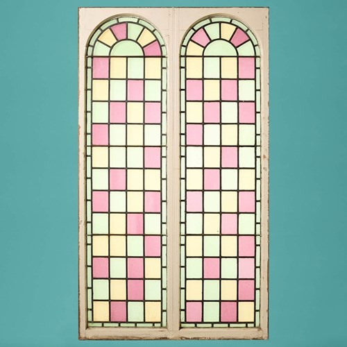 Large Reclaimed Arched Stained Glass Double Windows