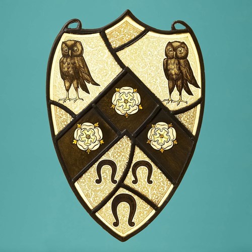 Antique Stained Glass Shield With Owls