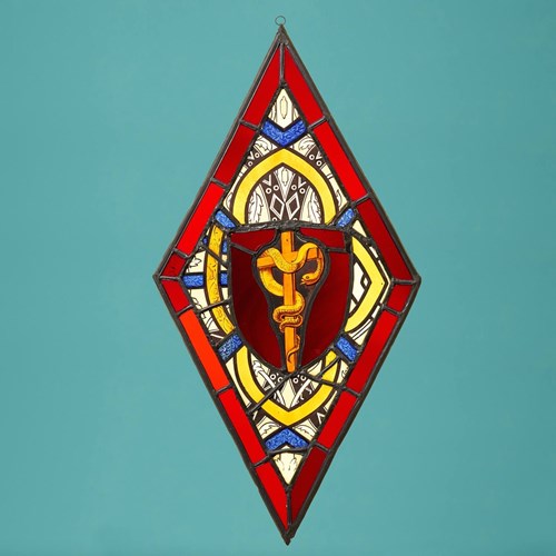 Ecclesiastical Diamond Shaped Stained Glass Panel With Serpent