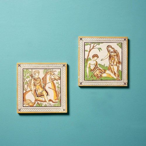 Pair Of Antique Venus & Adonis Tiles By Minton Hollins