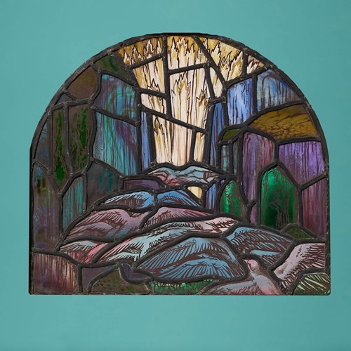 English Ecclesiastical Arched Stained Glass Window With Birds