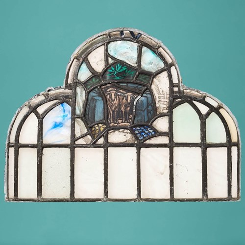 Small Ecclesiastical 20Th Century Arched Stained Glass Panel
