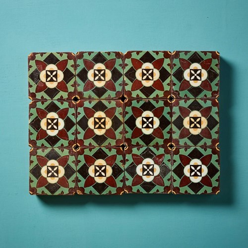 Set Of 12 Antique Glazed Encaustic Floral Tiles By Minton