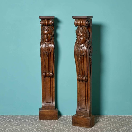 Large Pair Of Antique English Carved Oak Caryatid Brackets