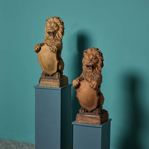 Pair Of Scottish Terracotta Shield-Bearing Lion Finials