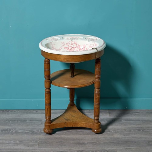 Antique Round Basin With Walnut Triform Stand