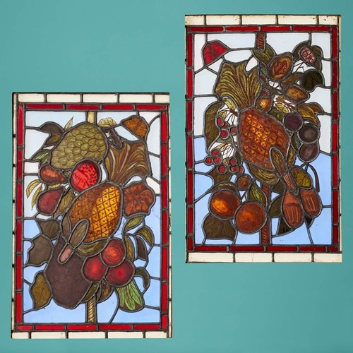 Pair Of Antique English Stained Glass Windows Depicting Fruit