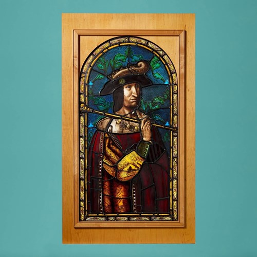 Large Antique Stained Glass Arched Panel Of King Francois I