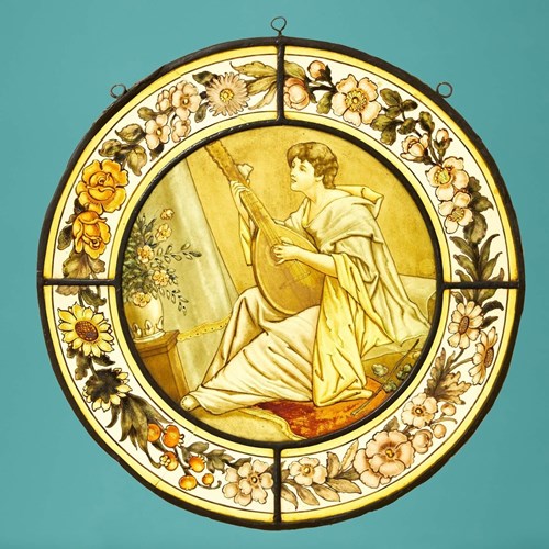 Antique Victorian Stained Glass Roundel Of Woman Playing Lyre