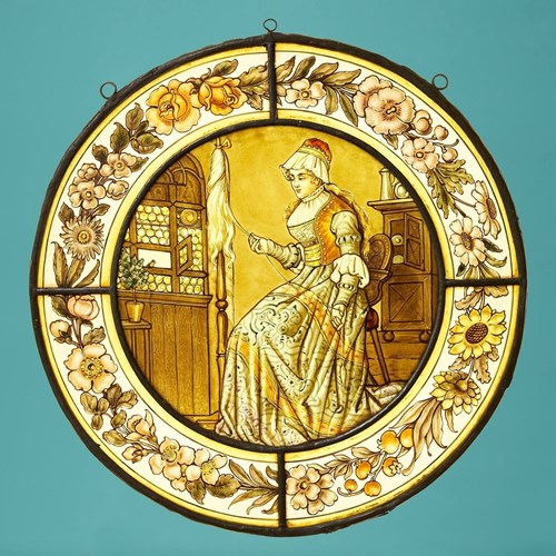 Antique Stained Glass Roundel Of Victorian Woman