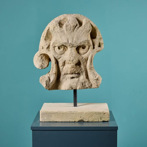 Limestone Demonic Mask Or Grotesque Statue