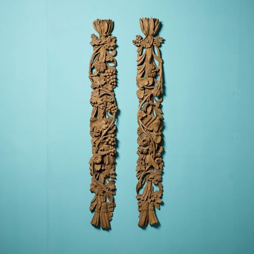 Pair Of Antique Carved Oak Foliage Wall Hangings