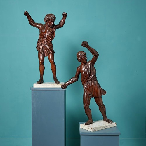 Pair Of Antique Italian Walnut Statues Of Gladiators