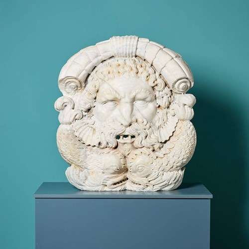 Monumental Carrara Marble Wall Mascaron Of Poseidon