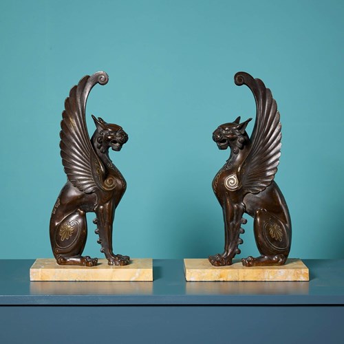 Pair Of 19Th Century Bronze Winged Lion Sculptures On Marble Bases