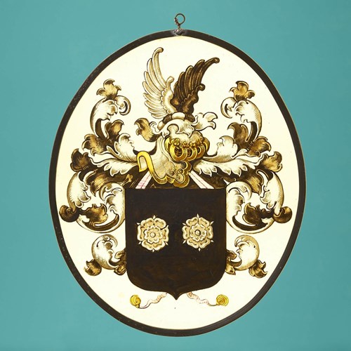 German Armorial Oval Stained Glass Window Hanging