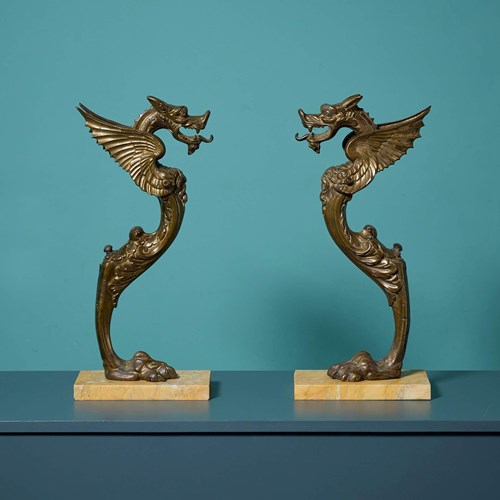 Pair Of Victorian Brass Monopedia Dragons On Marble Bases