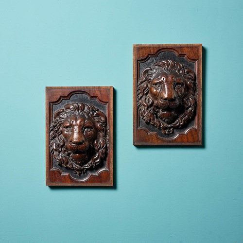 Pair Of French Antique Carved Lion Panels