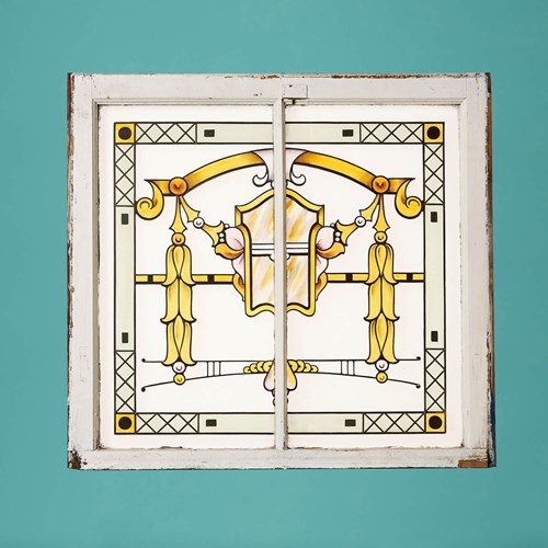 Art Nouveau Stained & Etched Glass Window With Mullion