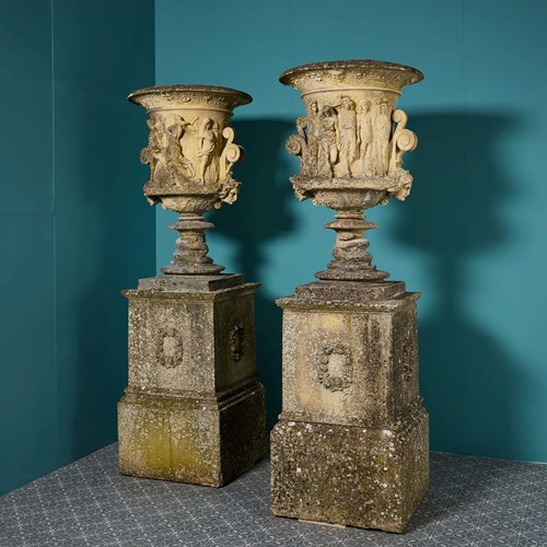 Set Of Monumental 2.38M Tall Weathered English Neoclassical Style Garden Urns