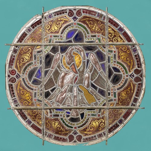 Large Ecclesiastical Roundel Pelican Of Piety Stained Glass Panel