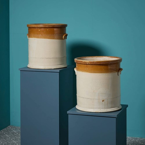 Pair Of Two-Tone Glazed Antique Stoneware Planters