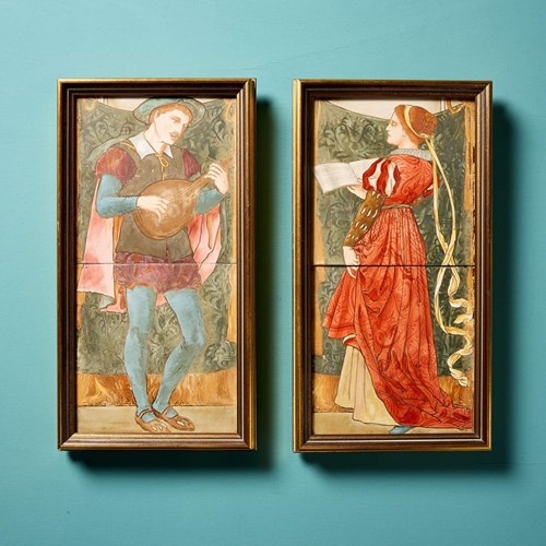 Pair Of Antique Copeland Framed Tiles Of Classical Scenes