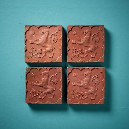 Set Of 4 Medieval Style Terracotta Rampant Lion Tiles