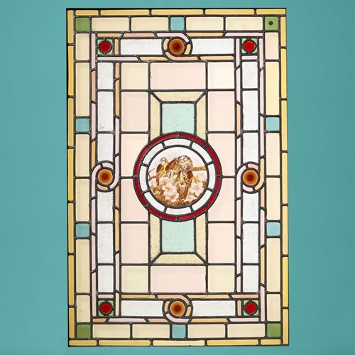 Antique Art Nouveau 19Th Century Stained Glass Panel