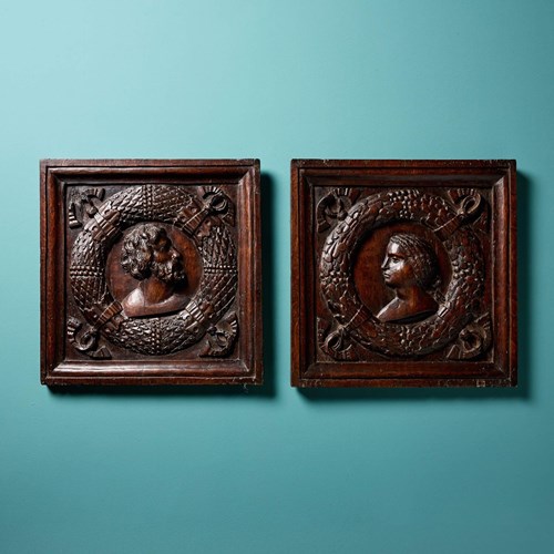 Set Of 2 Handcarved 17Th Century Oak Wall Panels