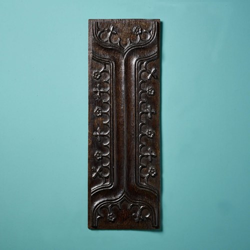Long 16Th Century Carved Oak Panel In Parchemin Design