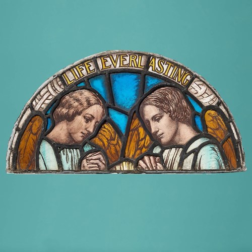 Arched Antique Religious Stained Glass Panel With Angels