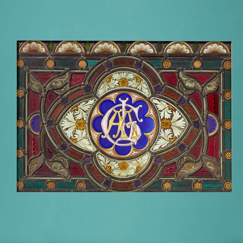 Antique English Stained Glass Window With Monogram